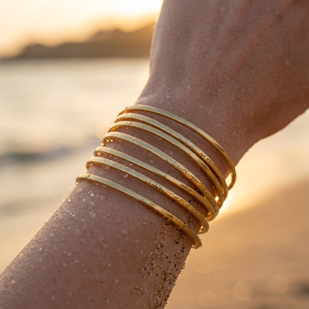 Multi-Row Wire Hammered Gold Cuff Bracelet