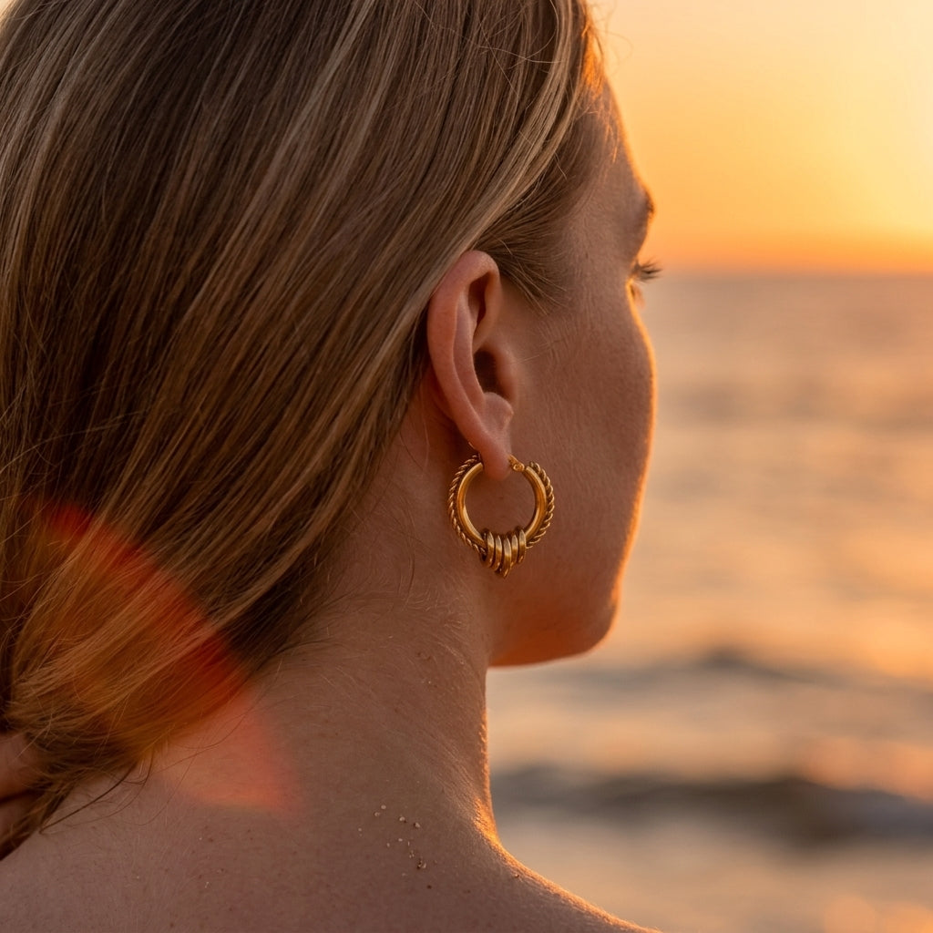 Twisted Rope Multi-Ring Charm Gold Hoop Earrings