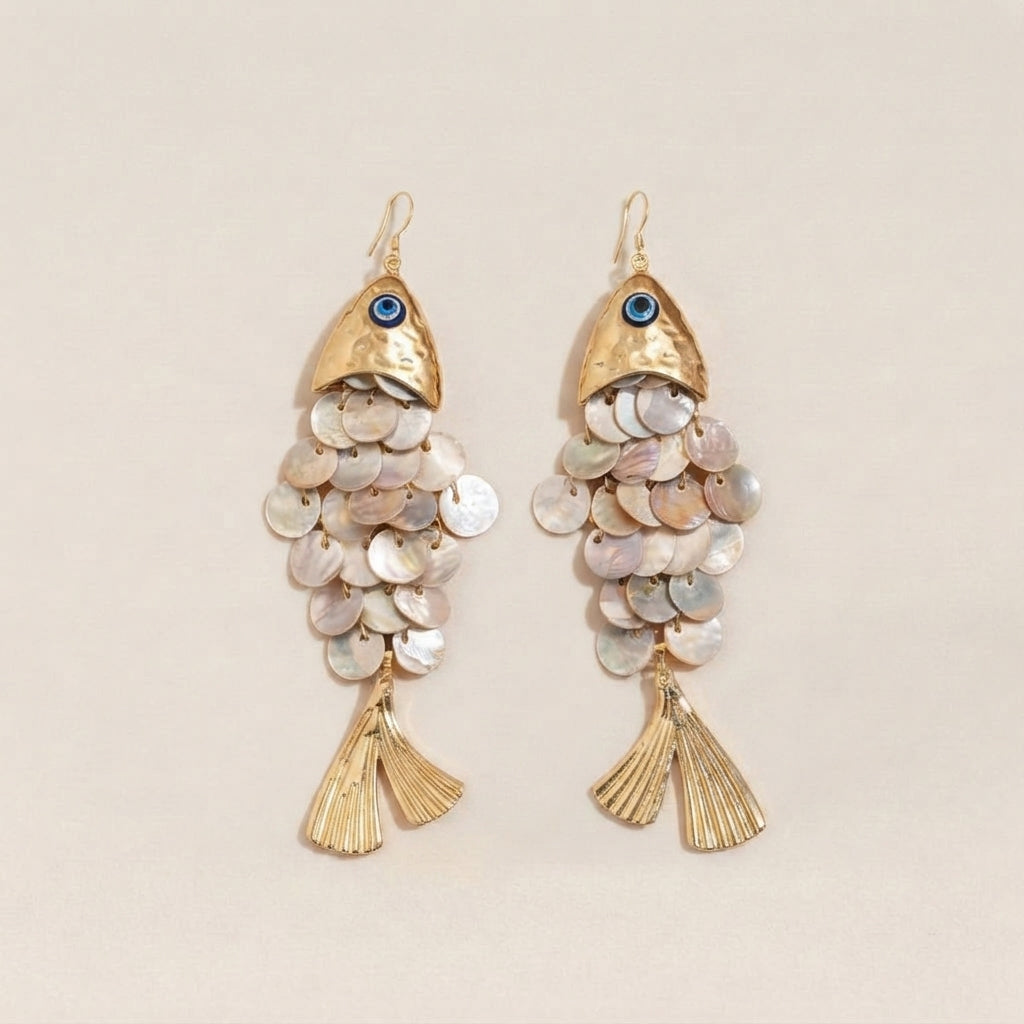 Fish Shell Dangle Earrings Blue Evil Eye