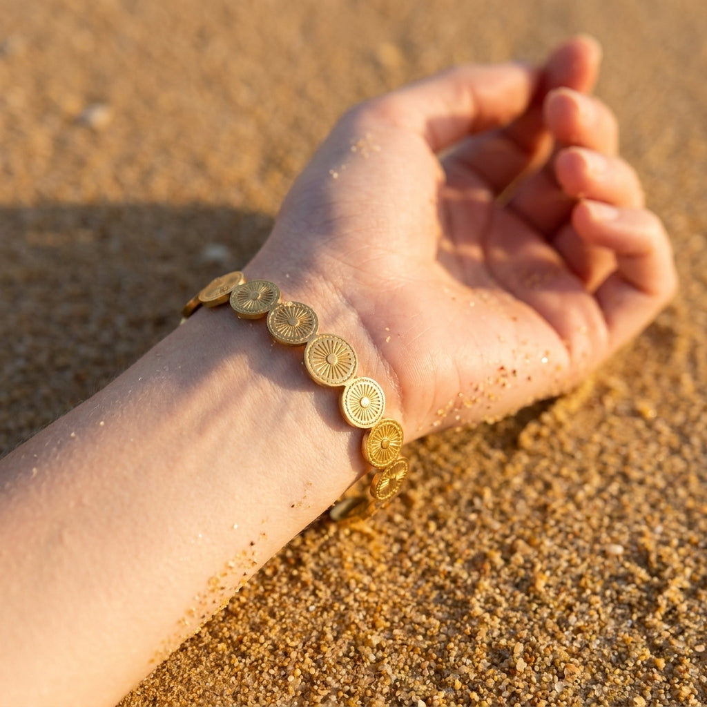 Sunburst Coin Disc Gold Cuff Bracelet
