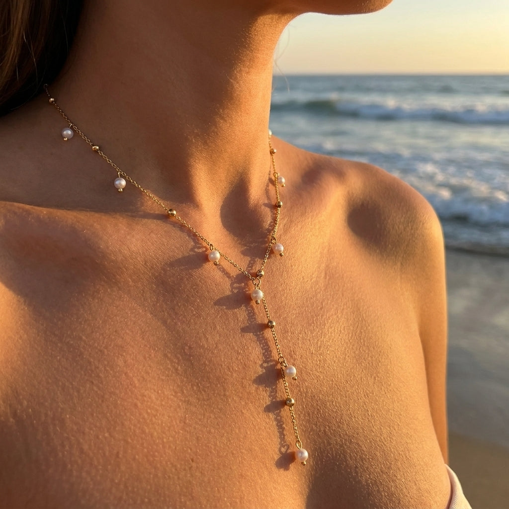 Gold Chain Lariat Necklace with Pearl & Bead Drops