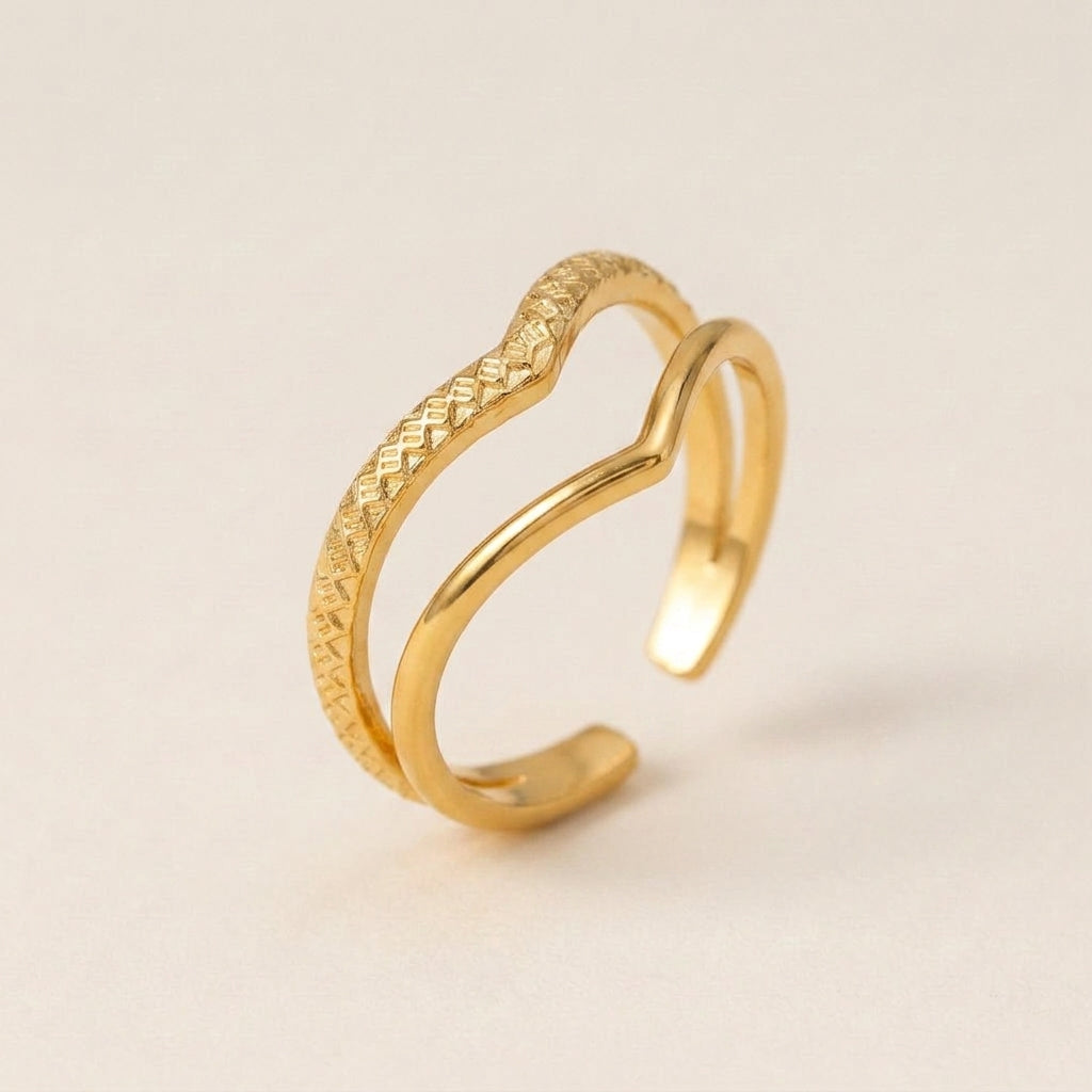 Double V Chevron Textured Gold Open Ring