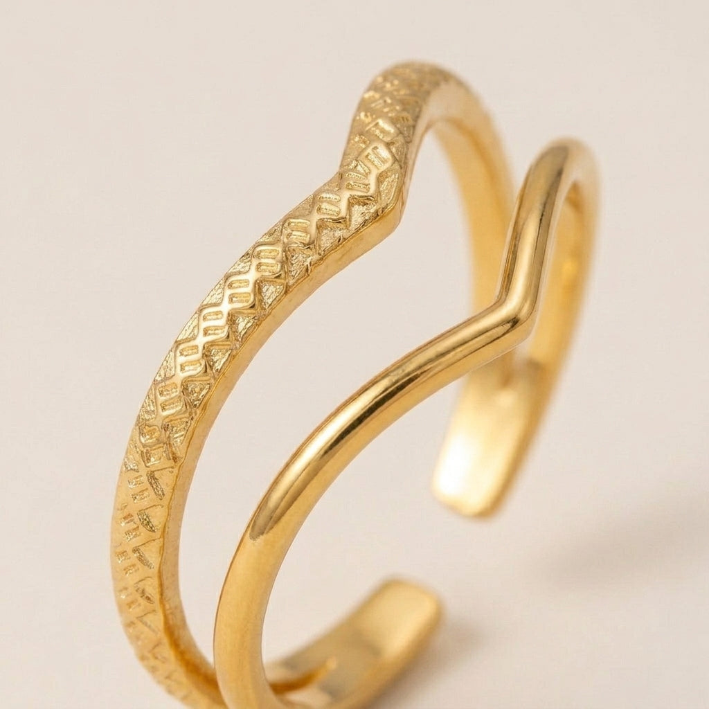 Double V Chevron Textured Gold Open Ring