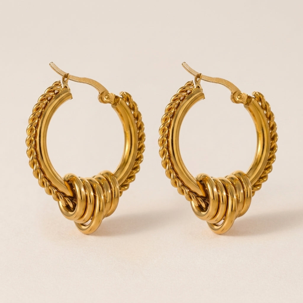 Twisted Rope Multi-Ring Charm Gold Hoop Earrings