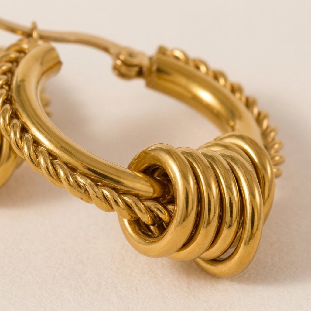 Twisted Rope Multi-Ring Charm Gold Hoop Earrings