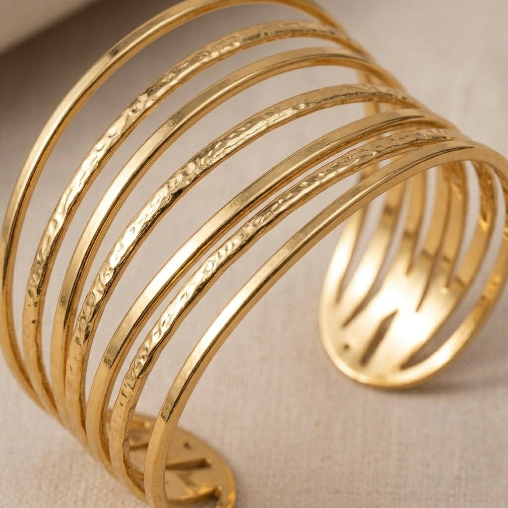 Multi-Row Wire Hammered Gold Cuff Bracelet