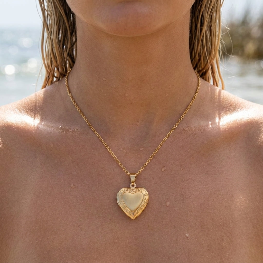 Vintage Scroll Heart Locket Necklace
