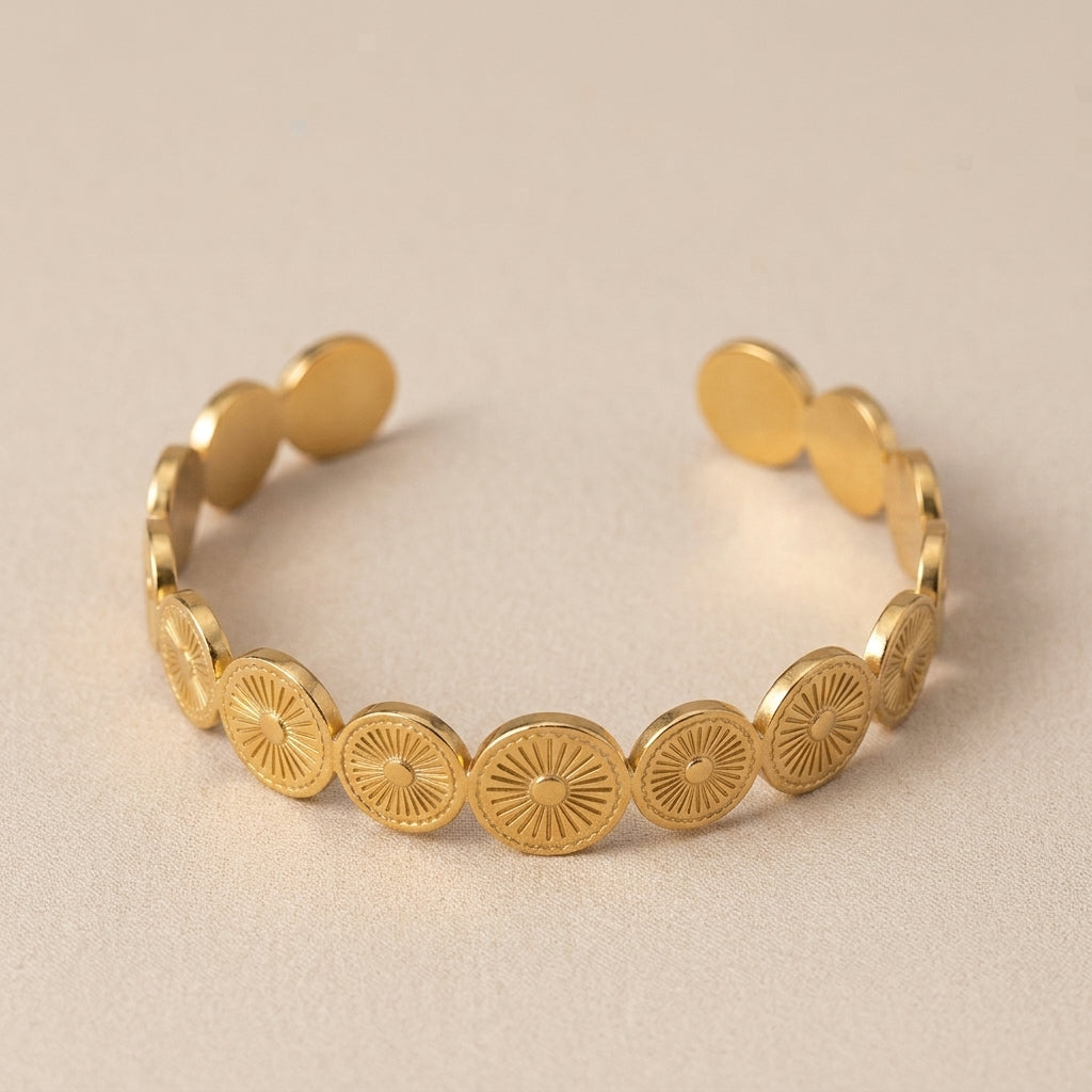 Sunburst Coin Disc Gold Cuff Bracelet