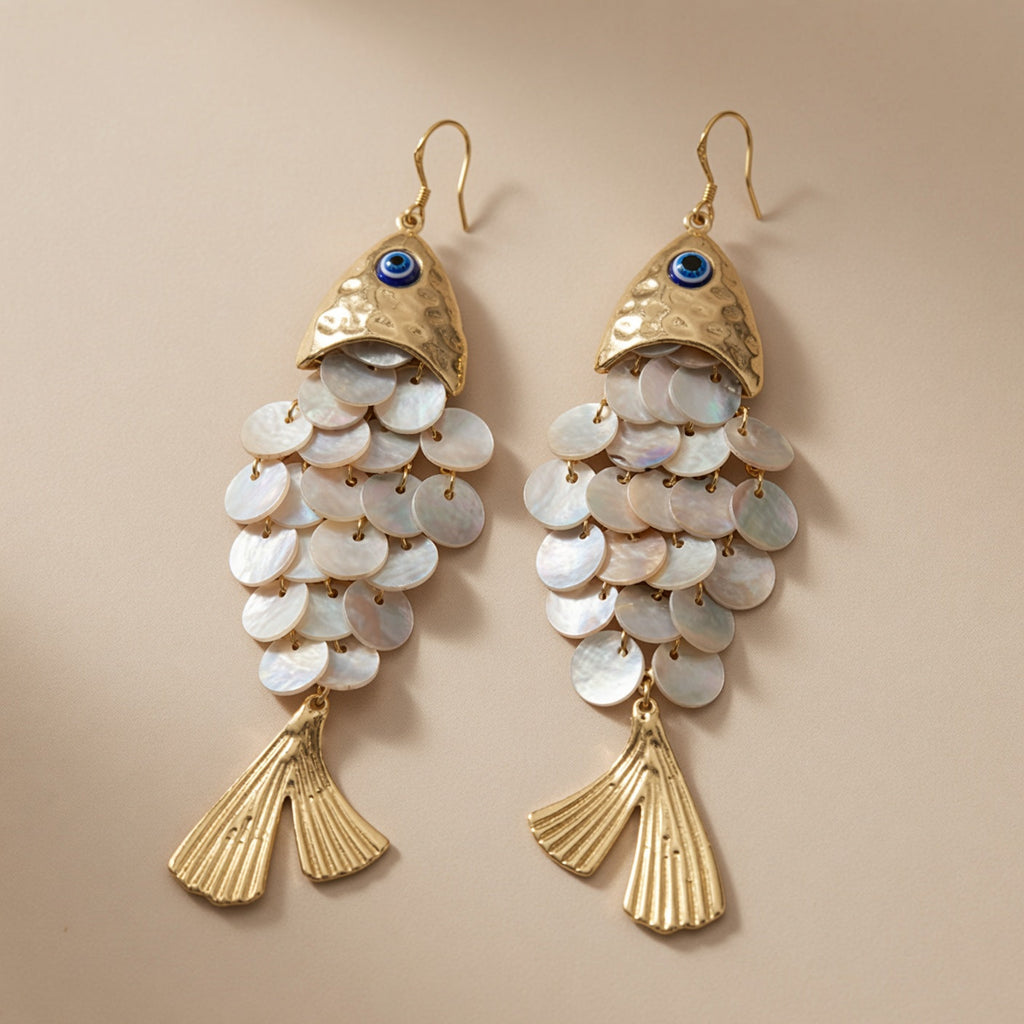 Fish Shell Dangle Earrings Blue Evil Eye