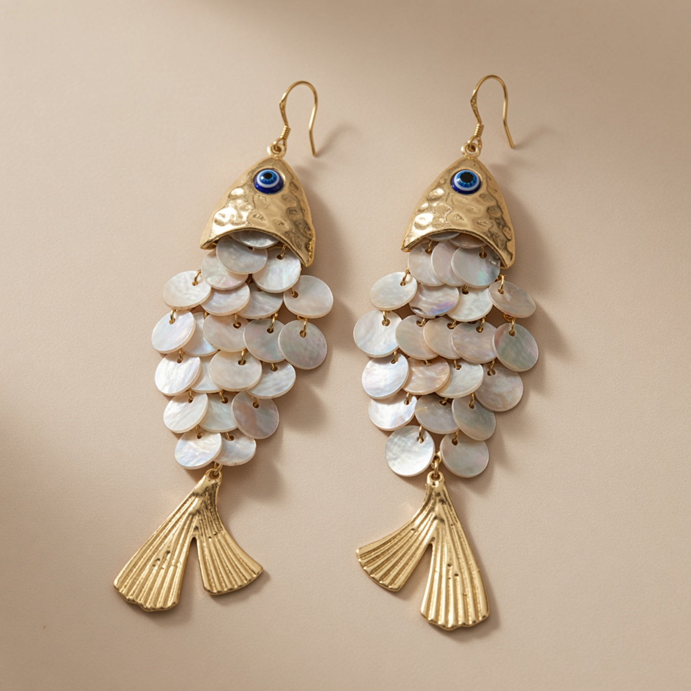Fish Shell Dangle Earrings Blue Evil Eye
