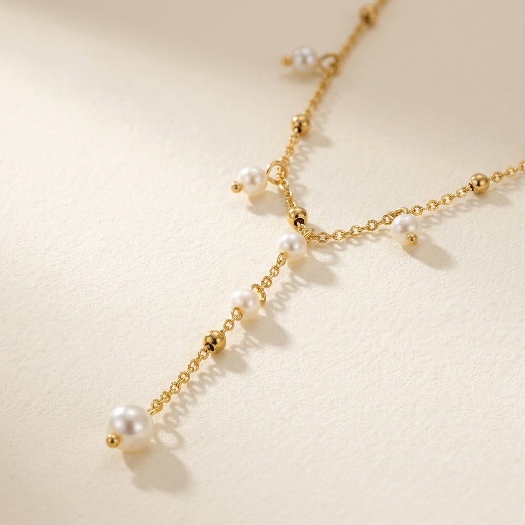 Gold Chain Lariat Necklace with Pearl & Bead Drops