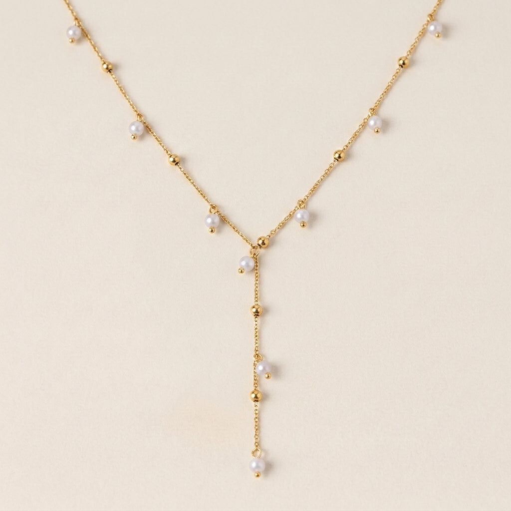 Gold Chain Lariat Necklace with Pearl & Bead Drops
